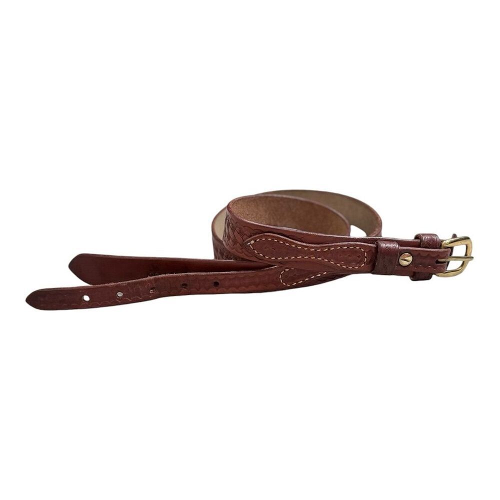 Cabela's Western Leather Belt Brown Solid Brass Gold Buckle Size 38 Men’s
